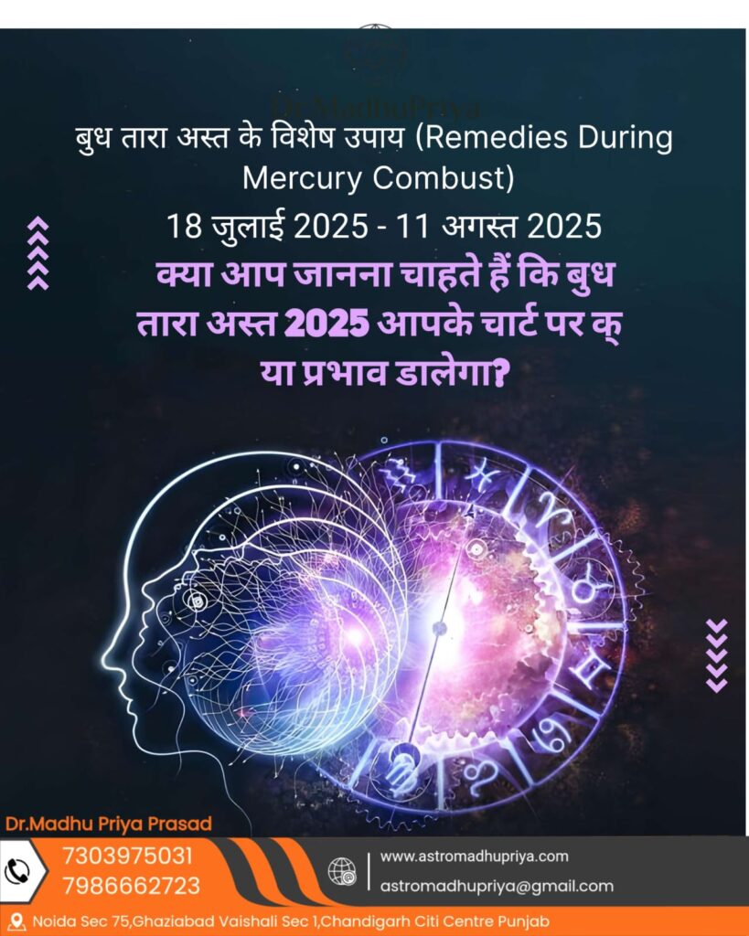 Mercury Tara Asta 2025 (Mercury Combust), happening from 18 July to 11 August 2025. It invites viewers to consult astrologer Dr. Madhu Priya Prasad to understand how this planetary event may affect their birth chart and offers remedies for astrological balance. Contact and location details are provided.