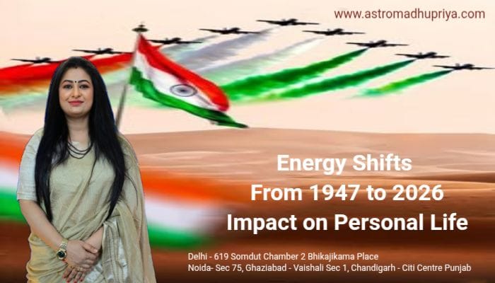 Vedic astrology analysis of India’s energy shifts from 1947 to 2026, 15 August 2025 horoscope, and planetary impact on personal life by Astro Madhu Priya.