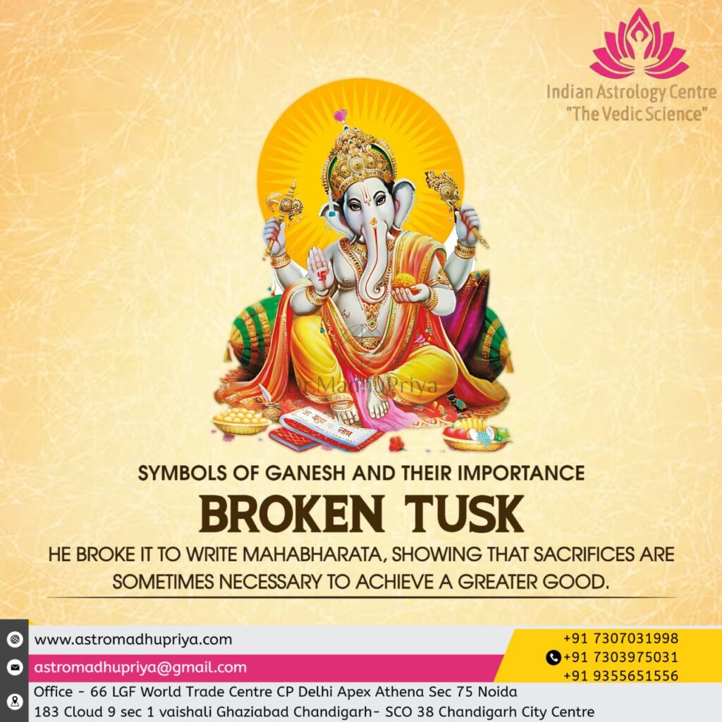 In Hindu astrology, Ganesha is a symbol of broken tusks. Infographic from the Indian Astrology Center explains how Lord Ganesha broke his task to write Mahabharata, which represents sacrifice for more good. Contact details for astrological services in Delhi, Noida and Chandigarh.