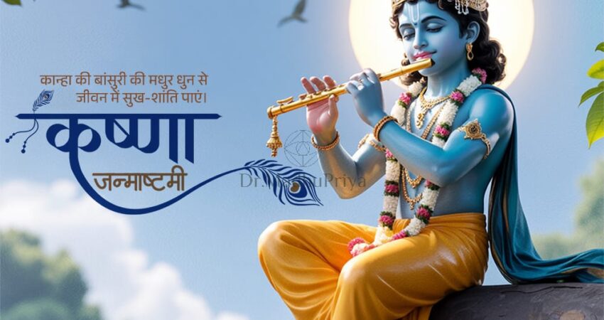Shri Krishna playing flute under a tree with peacock feather crown, bright yellow dhoti, and divine aura on Janmashtami 2025. Text in Hindi reads “कान्हा की बांसुरी की मधुर धुन से जीवन में सुख-शांति पाएं। कृष्ण जन्माष्टमी.” Includes Indian Astrology Centre contact details and celebration promotion.