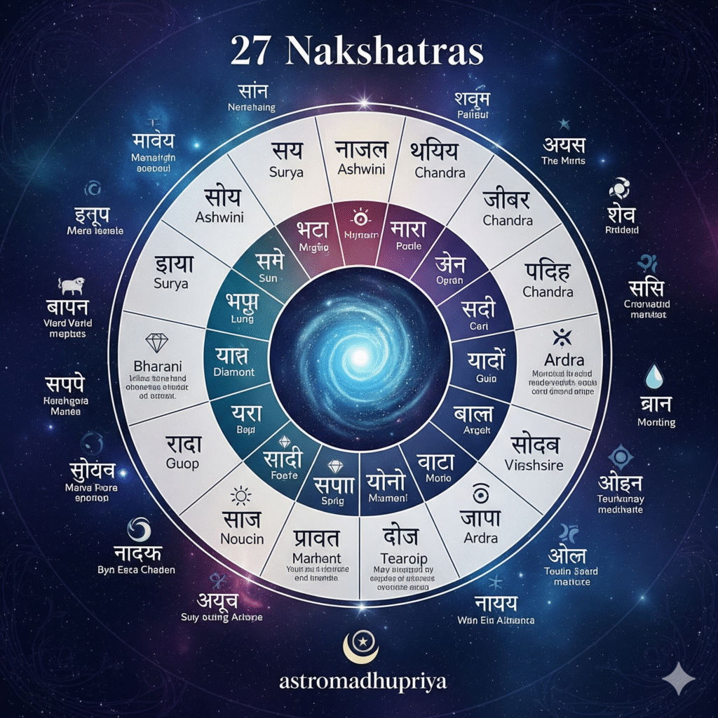 Astro-themed chart of the 27 Nakshatras of Vedic astrology, listing their names, planetary lords, symbols, and features.