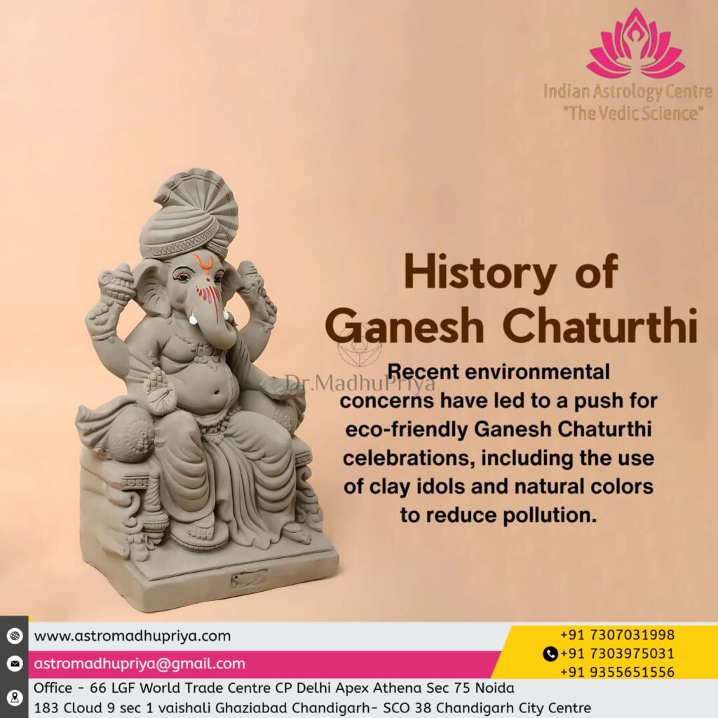 Dr. Madhupriya is promoting a Ganesh Chaturthi 2025 free of pollution. An infographic about the festival's history and the movement to create environmentally friendly clay Ganesha idols. Her astrological consultancy's contact details.