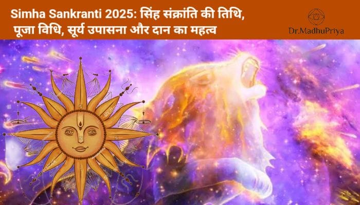Simha Sankranti 2025: सिंह संक्रांति की तिथि, पूजा विधि, सूर्य उपासना और दान का महत्व – सूर्य देव का चित्र और सिंह राशि का प्रतीकात्मक चित्रण, ज्योतिषीय पृष्ठभूमि के साथ।