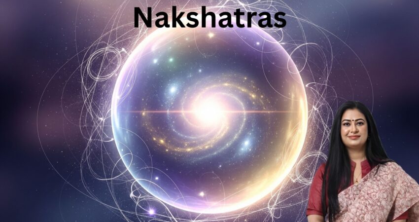 An elegant woman, Astro Madhupriya, standing next to a glowing, swirling celestial orb. The image has a cosmic background with bright stars and nebulae. The text on the image reads, "Your True Self with Nakshatras," along with a call to action to call +91-9355651556 or visit www.astromadhupriya.com. The overall theme is spiritual and astrological guidance, featuring trending Nakshatra keywords such as Ashwini, Rohini, Magha, Moola, Purva Phalguni, Uttara Bhadrapada, Jyeshtha, Revati.
