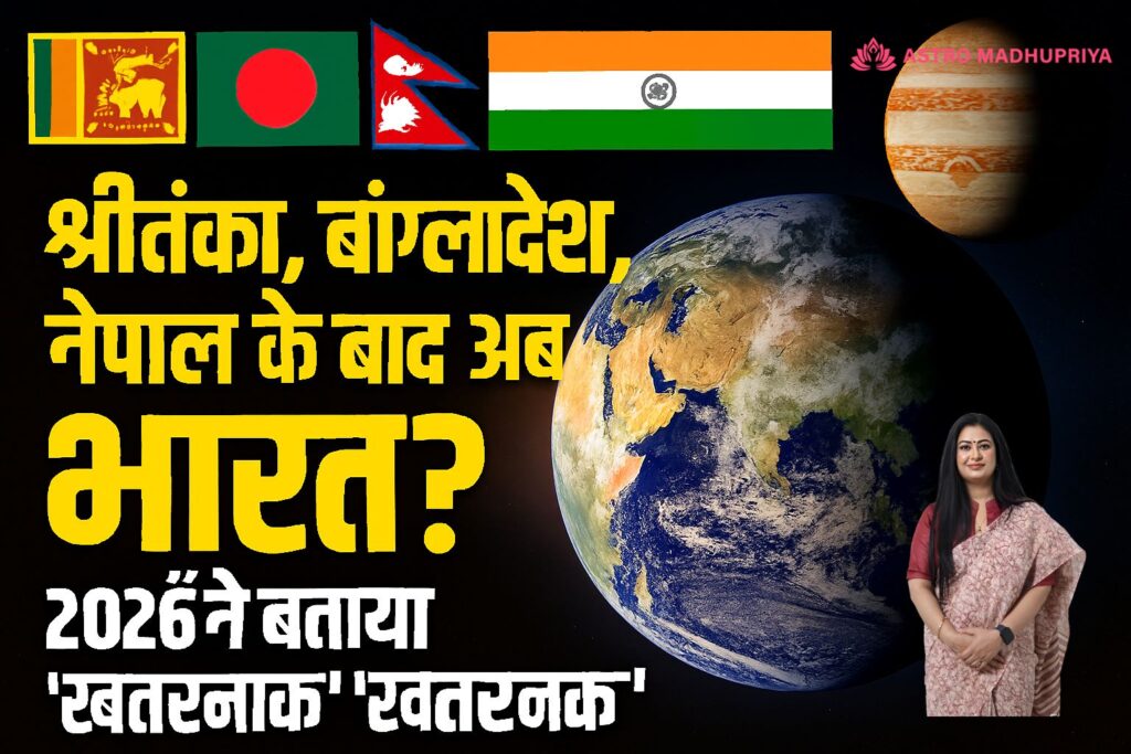 श्रीलंका, बांग्लादेश और नेपाल के राष्ट्रीय झंडे शीर्ष पर प्रदर्शित हैं। पृष्ठभूमि में अंतरिक्ष का दृश्य है जिसमें पृथ्वी और बृहस्पति ग्रह दिखाई दे रहे हैं। पृथ्वी पर भारत का भूभाग स्पष्ट रूप से केंद्र में है। बाईं ओर पीले और सफेद रंग में हिंदी टेक्स्ट है: 'श्रीलंका, बांग्लादेश, नेपाल के बाद अब भारत?' और '2026-27 का 'खतरनाक' खेल'