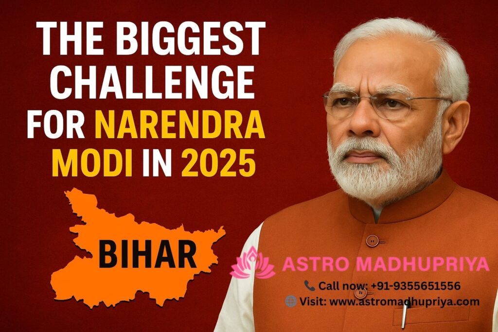 Indian Prime Minister Narendra Modi in a serious pose on the right, wearing an orange Nehru jacket. On the left, bold text reads "The Biggest Challenge for Narendra Modi in 2025," with an orange silhouette map of Bihar labeled "BIHAR," all set against a deep red background.
