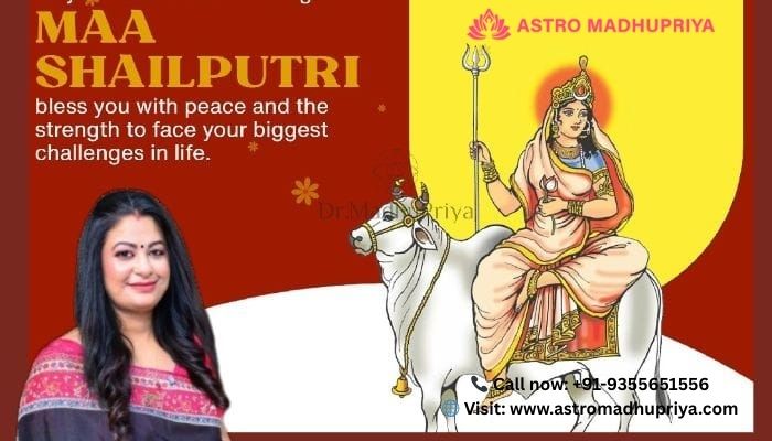 Hindu goddess Maa Shailputri and a photo of the astrologer, along with a message of peace and strength. The ad also includes contact information for the service.