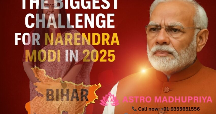 Narendra Modi looking slightly to the side. He is wearing a white shirt and an orange vest. To his left, the text "THE BIGGEST CHALLENGE FOR NARENDRA MODI IN 2025" is written in large white letters. Below that, an orange outline of the state of Bihar has the word "BIHAR" written across it in large black letters.
