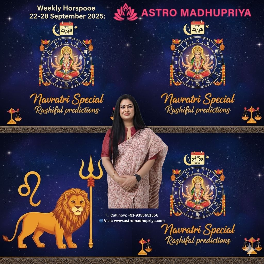 A striking, spiritually themed image for a weekly horoscope. It features a dark blue, star-filled sky as the background. Centered in the image is a golden, circular zodiac wheel with the twelve astrological symbols. Inside the wheel, the divine Hindu goddess Durga is depicted, seated on a lotus. The text at the top reads, "Weekly Horoscope 22-28 September 2025" with a calendar icon showing the dates. Below the main visual, a title in a stylized golden font declares, "Navratri Special Rashifal predictions." The bottom of the image has a decorative border, and on the sides, there are symbols representing Leo and Libra.