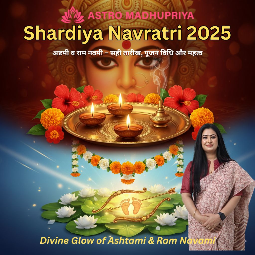 A beautifully composed promotional image for 'Shardiya Navratri 2025: Ashtami and Ram Navami'. The upper half shows the serene face of Goddess Durga with red hibiscus and marigold flowers. A golden puja thali holds three lit diyas and incense. The lower half depicts Lord Rama's golden footprints, bow, and arrow resting on green lily pads surrounded by white lotus flowers, all bathed in a soft, ethereal blue light. A garland of white and orange flowers bridges the two sections. Astro Madhupriya, wearing a light-colored saree, stands smiling on the right side. The top banner includes the Astro Madhupriya logo and event title, with a tagline "Divine Glow of Ashtami & Ram Navami" at the bottom.