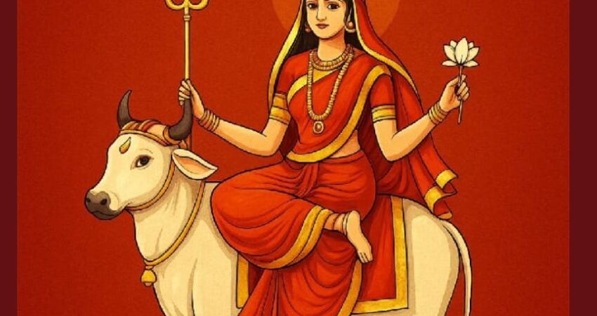 Indian Astrology Centre, also known as Astro Madhupriya. It features a central illustration of the Hindu goddess Maa Shailputri riding a bull, with a Sanskrit verse dedicated to her. The poster also includes a photo of the astrologer and contact details, including phone numbers, a website, an email address, and office locations.