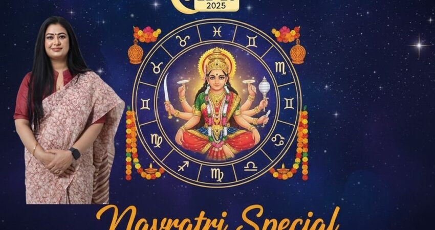 a dark blue, starry night sky background. In the center, a calendar page shows "SEP 22-28 2025" and a crescent moon and star symbol. Below the calendar is an ornate, circular zodiac wheel with the twelve astrological signs.