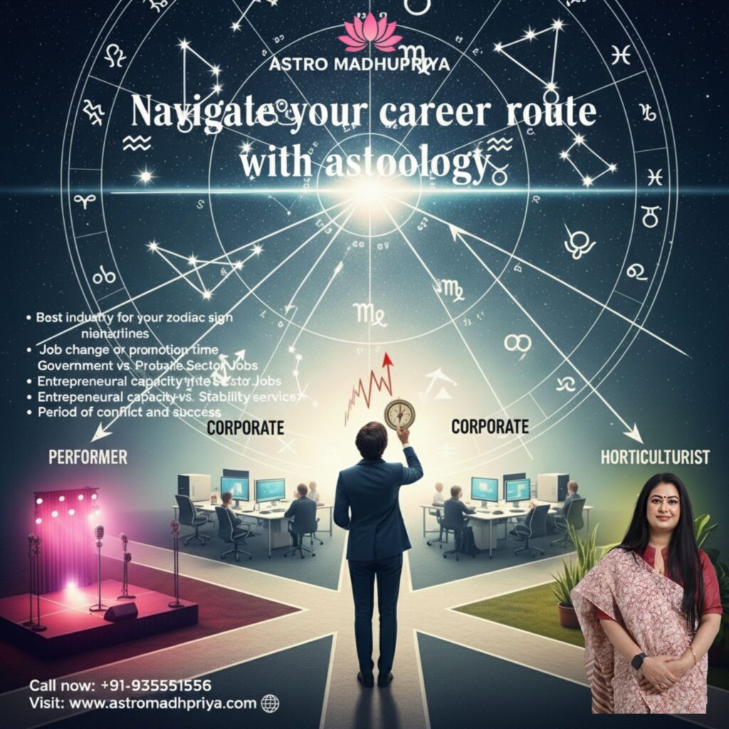 Astro Madhupriya "navigate your career route with astrology". The central figure is a person in a suit, holding a clock, which stands at an intersection. Four paths represent various career areas: "artists" (with a platform and microphone), "corporate" (with an office setting), "horticulture" (with a woman in a sari standing next to plants), and another "corporate" path. There is a styled astrological chart around the scene with zodiac signs and constellations. Text list services offered: "Best Industries for your zodiac," "Job change or promotion time," Sarkar vs private sector jobs, "" Entrepreneurship capacity vs. stability service, "and" duration of struggle and success. " Contact information is given below: "Call Now: +91-9355651556" and "Visit: www.astromadhupriya.com".