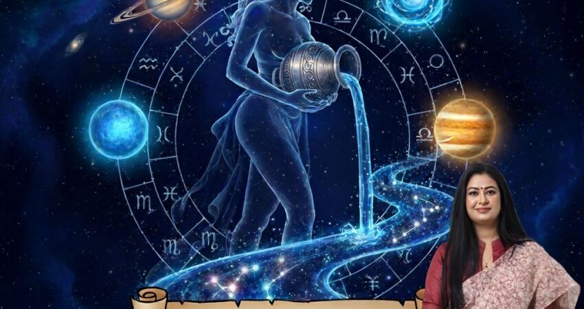 Aquarius Horoscope 2026 by Astro Madhupriya. The image features a blue, ethereal depiction of the Aquarius water-bearer pouring water amidst a starry cosmic backdrop with zodiac signs and planets. In the bottom right, a woman, Astromadhupriya, is shown looking at the camera. A scroll banner overlay states 'Aquarius Horoscope 2026' with contact details: 'Call now: +91-9355651556' and 'Visit: www.astromadhupriya.com'.