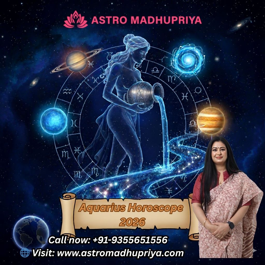 Aquarius Horoscope 2026 by Astro Madhupriya. The image features a blue, ethereal depiction of the Aquarius water-bearer pouring water amidst a starry cosmic backdrop with zodiac signs and planets. In the bottom right, a woman, Astromadhupriya, is shown looking at the camera. A scroll banner overlay states 'Aquarius Horoscope 2026' with contact details: 'Call now: +91-9355651556' and 'Visit: www.astromadhupriya.com'.