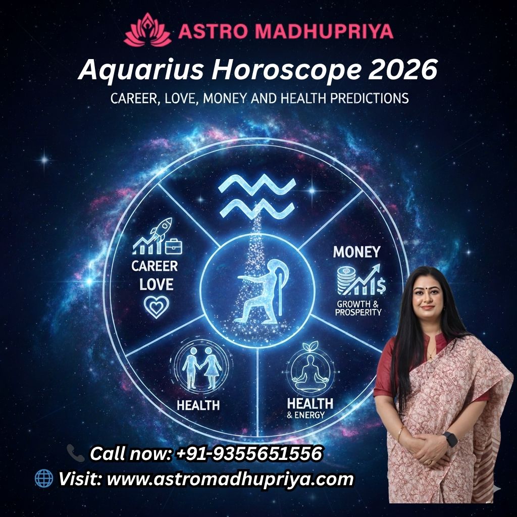  Aquarius Horoscope 2026 by Astro Madhupriya. The image features a blue, cosmic illustration of the Aquarius Water-Bearer pouring a stream of stars, surrounded by planets and the zodiac circle. Astrologer Astro Madhupriya is shown in the bottom right corner. A scroll banner provides the title and contact details: Call +91-9355651556, Visit www.astromadhupriya.com.