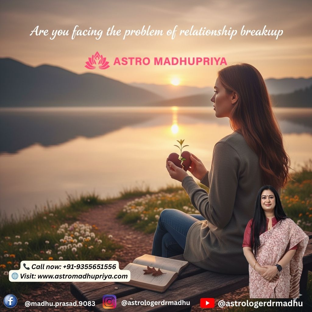 A single woman sitting on a wooden bench by a reflective lake at sunset. She is holding a small sprouting plant, symbolizing new beginnings and growth after a relationship breakup, with an open book resting beside her. The image conveys emotional healing and peaceful self-reflection, connecting to themes of finding an astrology remedy and a breakup solution.