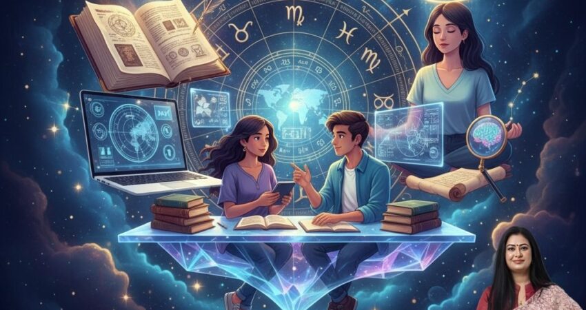 Zodiac wheel, an open textbook, and a laptop displaying a horoscope chart, combined with images of students studying and collaborating. (Keywords: Astrology, Zodiac, Students, Study Habits, Focus, Learning, Education).