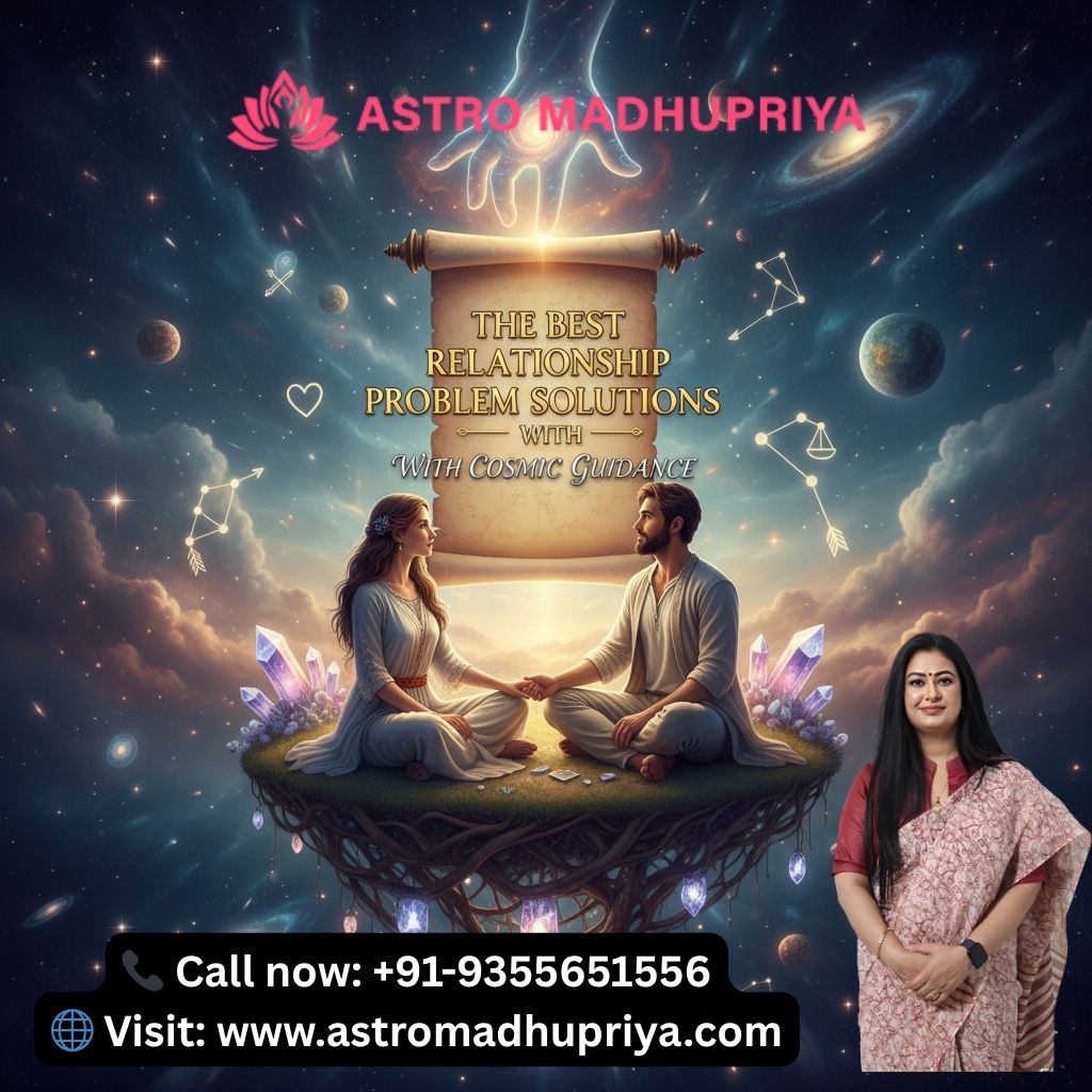A dark, mystical image promoting astrological services. The centerpiece is a glowing, celestial pathway framing a couple embracing, with a floating book titled "THE BEST RELATIONSHIP SOLUTIONS WITH COSMIC GUIDANCE." The image features the logo and portrait of Astro Madhupriya with contact details, including the phone number and website, for booking personalized Vedic astrology consultations.