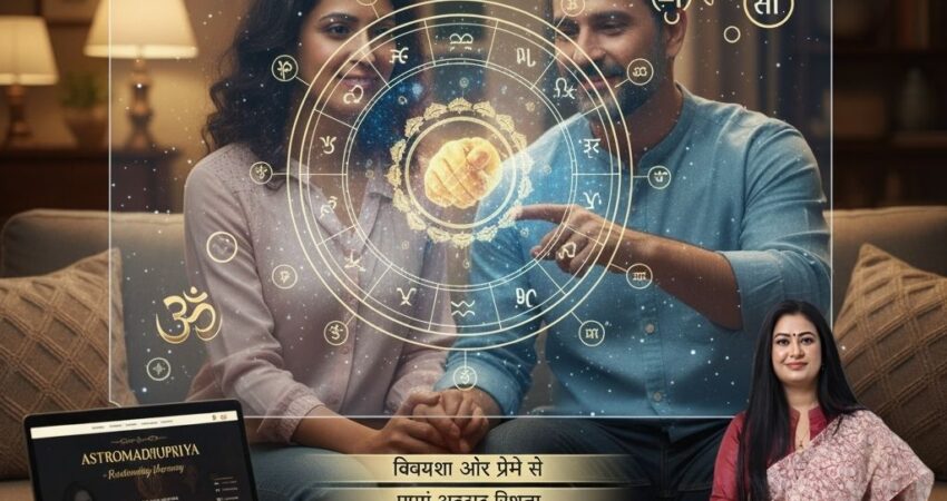 A dark, mystical image promoting astrological services. The centerpiece is a glowing, swirling path of stars and a nebula, on which the silhouette of a couple embracing stands. Above the couple, a floating celestial book is titled "THE BEST RELATIONSHIP SOLUTIONS: PROBLEM SOLUTIONS WITH COSMIC GUIDANCE." A photo of the astrologer, Astro Madhupriya, is on the right, with contact details displayed: Call now: +91-93555651556 and Visit: www.astromadhupriya.com.