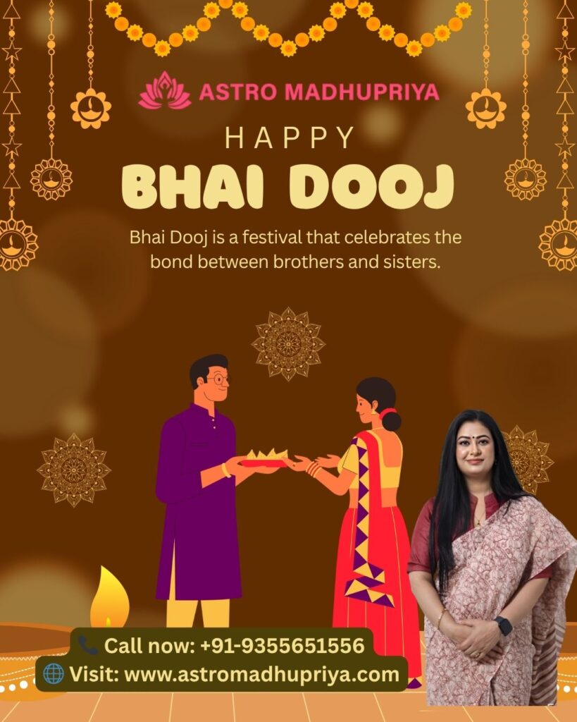 A sister applying tilak on her brother’s forehead during Bhai Dooj 2025 celebration, symbolizing love, protection, and blessings.