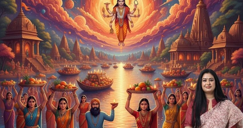 hhath Puja 2025 ritual at a ghat with devotees. Expert Astromadhupriya's consultation offer. Dates, rituals, Surya Dev worship. Contact: +91-93555651556.