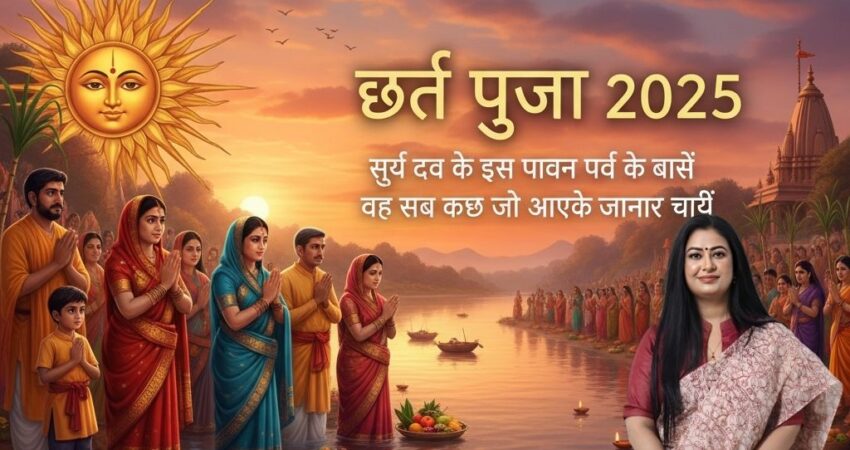 छठ पूजा 2025: उगते या डूबते सूर्य को अर्घ्य देती हुई महिलाएं पानी में खड़ी हैं, उनके हाथों में फल और ठेकुए से भरी पूजा की थाल है। पृष्ठभूमि में सुनहरी रोशनी और दीयों से सजी नदी दिख रही है।" (Chhath Puja 2025: Women standing in water offering Arghya to the rising or setting sun, holding puja thalis filled with fruits and thekua. The background shows the river adorned with golden light and diyas.)