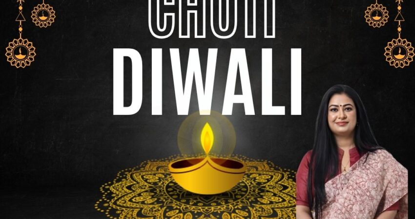 Astro Madhupriya's promotional image for Chhoti Diwali, featuring the text "CHOTI DIWALI" in large white font over a dark, textured background. The image includes a lit clay diya (lamp) placed on a golden circular mandala design, with decorative golden hanging elements at the top. Astro Madhupriya, a woman with long dark hair, stands on the right in a red and cream patterned saree. Contact information is at the bottom left: "Call now: +91-9355651556" and "Visit: www.astromadhupriya.com".