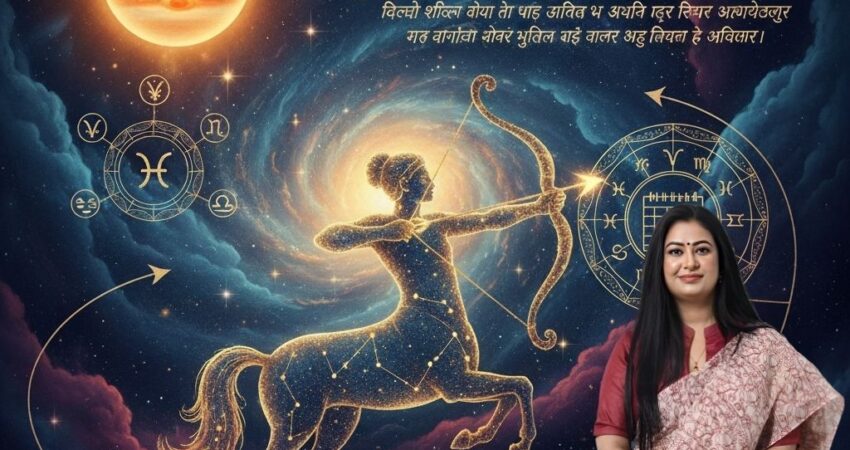 Dhanu Rashifal 2026 (Sagittarius Horoscope 2026) by Astro Madhupriya. This image visually emphasizes the Sagittarius theme with a striking depiction of the centaur archer under a celestial sky, prominently featuring the planet Jupiter (the ruling planet of Sagittarius). It also includes the contact information: Call now: +91-9355651556 and Visit: www.astromadhupriya.com. Do you have any questions about this specific visual, or would you like to revisit the predictions (career, love, finance, health) that you previously shared for Dhanu Rashi in 2026?