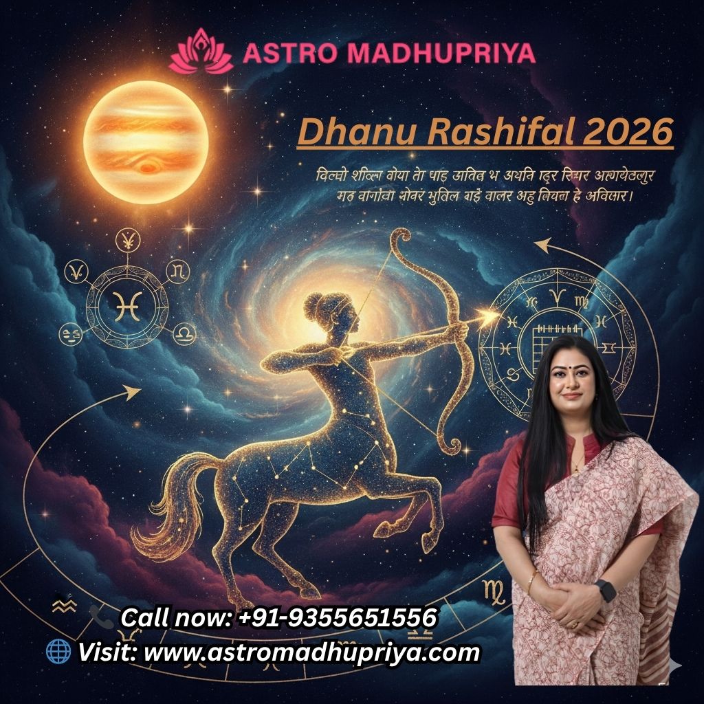Dhanu Rashifal 2026 (Sagittarius Horoscope 2026) by Astro Madhupriya. This image visually emphasizes the Sagittarius theme with a striking depiction of the centaur archer under a celestial sky, prominently featuring the planet Jupiter (the ruling planet of Sagittarius). It also includes the contact information: Call now: +91-9355651556 and Visit: www.astromadhupriya.com. Do you have any questions about this specific visual, or would you like to revisit the predictions (career, love, finance, health) that you previously shared for Dhanu Rashi in 2026?
