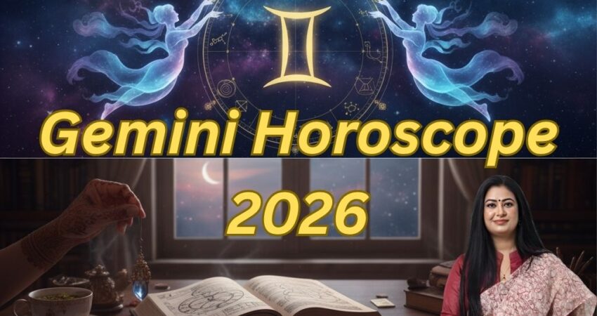 Gemini Horoscope 2026 blog image featuring the astrologer Astro Madhupriya. The top half shows the Gemini zodiac sign (the Twins) in a cosmic setting with five circular icons symbolizing Money, Career Growth, Health, Relationships, and Skills/Progress. The bottom half shows a woman (Astro Madhupriya) standing next to an open ancient book, a telescope, and a crystal ball on a desk, with a contact call to action: Call now: +91-9355651556 and Visit: www.astromadhupriya.com.