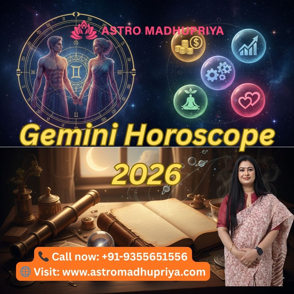 Gemini zodiac symbol (the Twins) centered within a glowing, intricate astrological chart or cosmic galaxy background. Dominant colors are deep violet, navy blue, and shimmering gold. Below the zodiac sign, there are smaller, symbolic icons representing the four key themes: a stack of coins/dollar sign (Money 2026, Finance), a briefcase/ladder (Career 2026, Success), a lotus flower/balanced scales (Health 2026, Wellbeing), and two interconnected hearts (Love 2026, Relationship). The overall mood is one of dynamic change and stable progress. Keywords included: Gemini Horoscope 2026, Mithun Rashi, Jyotish, Astromadhupriya, Bhavishya, Jupiter Transit, Mercury Retrograde.