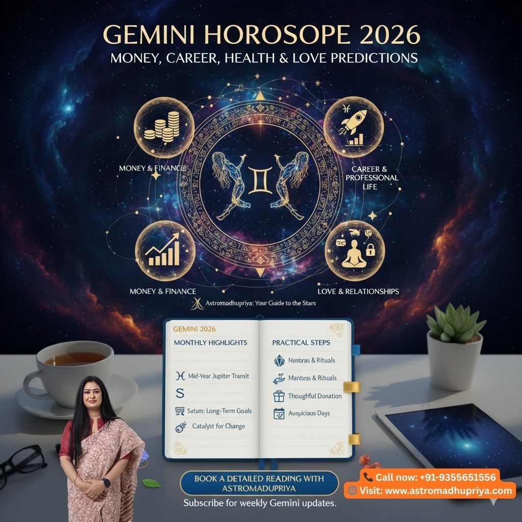 Gemini 2026 Horoscope overview for financial expansion, career promotions, health maintenance, and deepening love relationships. Features Mid-Jupiter transit and Astromadhupriya's guide to practical remedies for dynamic change.