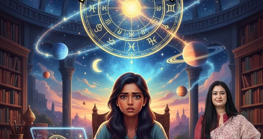 A student with a worried expression sits at a desk cluttered with books and a laptop, while a large, glowing zodiac chart and orbiting planets (representing astrological influences on concentration) float above her head. The image promotes Astro Madhupriya's services for academic success.