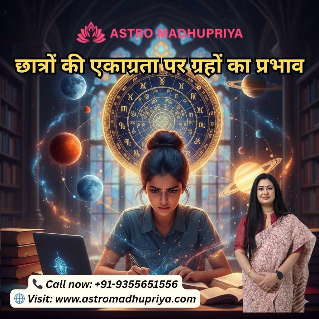 Astro Madhupriya's consultation services, emphasizing the dual factors that influence a student's focus: Astrology and Vastu Shastra.
The visual depicts a stressed student seated at her desk, surrounded by a luminous Birth Chart and orbiting planets, symbolizing the powerful astrological impact (Mercury, Moon, Saturn) on concentration and memory.
The accompanying message suggests that true academic success requires addressing both the internal (planetary alignment) and external (study environment) energies. The service offers personalized guidance to:
Astrological Analysis: Deciphering your unique learning challenges from your Kundli (birth chart).
Vastu Recommendations: Providing tips for ideal Study Room Direction, proper Study Table Vastu, and selecting colors to maximize positive energy and eliminate distractions.
Unlock your full potential by aligning your stars and your space!
Service: Academic Astrology & Vastu Consultation
Book Now: www.astromadhupriya.com