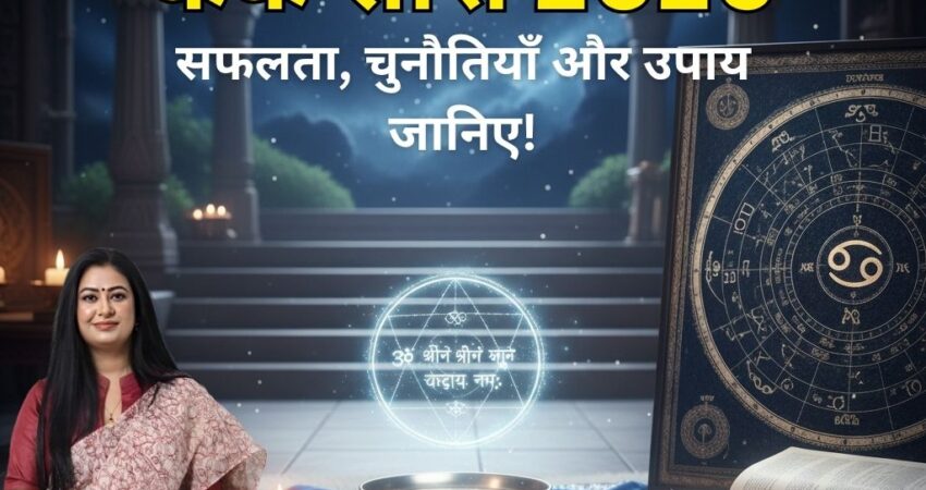 A serene night scene with a central astrological setup. It features a dark blue Cancer (Karka Rashi) zodiac chart, an open book, and a silver bowl surrounded by spiritual offerings of rice, sugar, and milk. A white candle burns brightly beneath a glowing orb displaying the Chandra Beej Mantra.