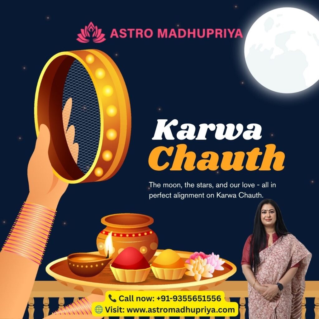 Karwa Chauth festival poster by Astro Madhupriya. It features an illustration of a hand holding a sieve up to a bright full moon, with puja items (karwa, diya, sindoor) and a photo of Astro Madhupriya. Contact info included.