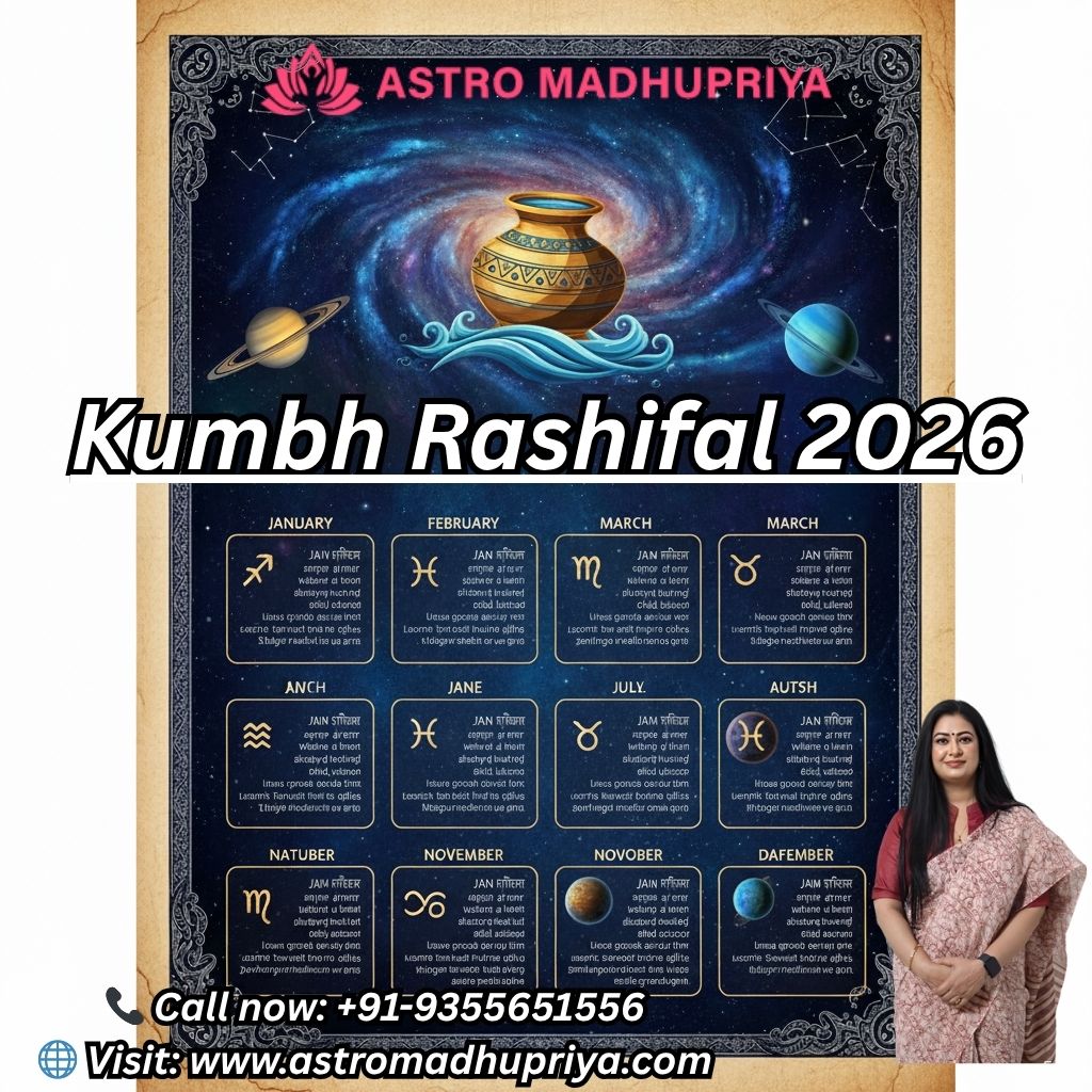 Aquarius sign, surrounded by planets. The poster displays a full-year monthly prediction grid (January to December) and includes a photograph of the astrologer, Astromadhupriya, along with contact details: +91-9355651556 and astromadhupriya.com.