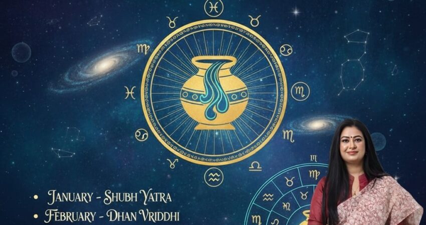 Astrology poster for "Kumbh Rashifal 2026 (Aquarius Horoscope)" by Astro Madhupriya. The image features a cosmic background, an earthen pot symbol, a grid of monthly predictions (January-December), and a photo of the astrologer.