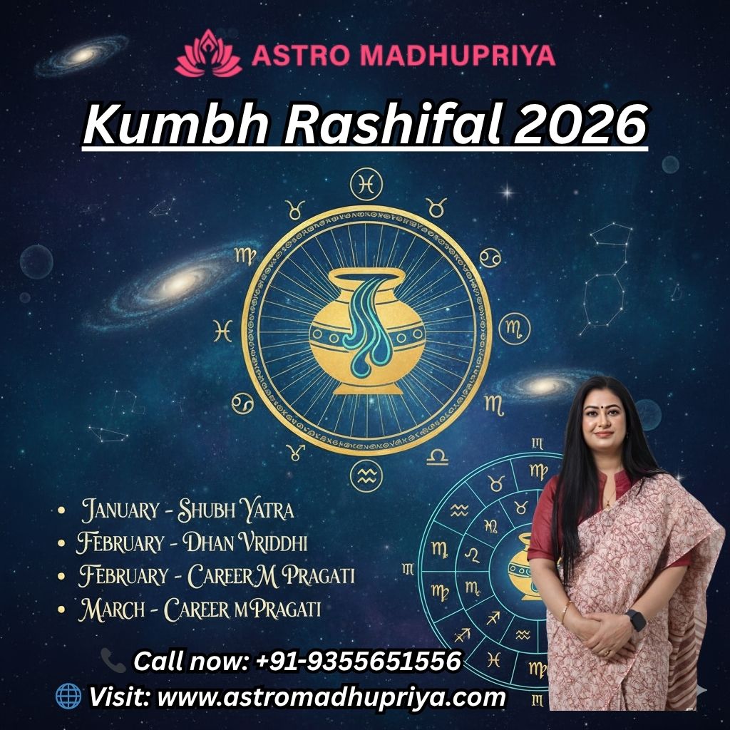 Astrology poster for "Kumbh Rashifal 2026 (Aquarius Horoscope)" by Astro Madhupriya. The image features a cosmic background, an earthen pot symbol, a grid of monthly predictions (January-December), and a photo of the astrologer.