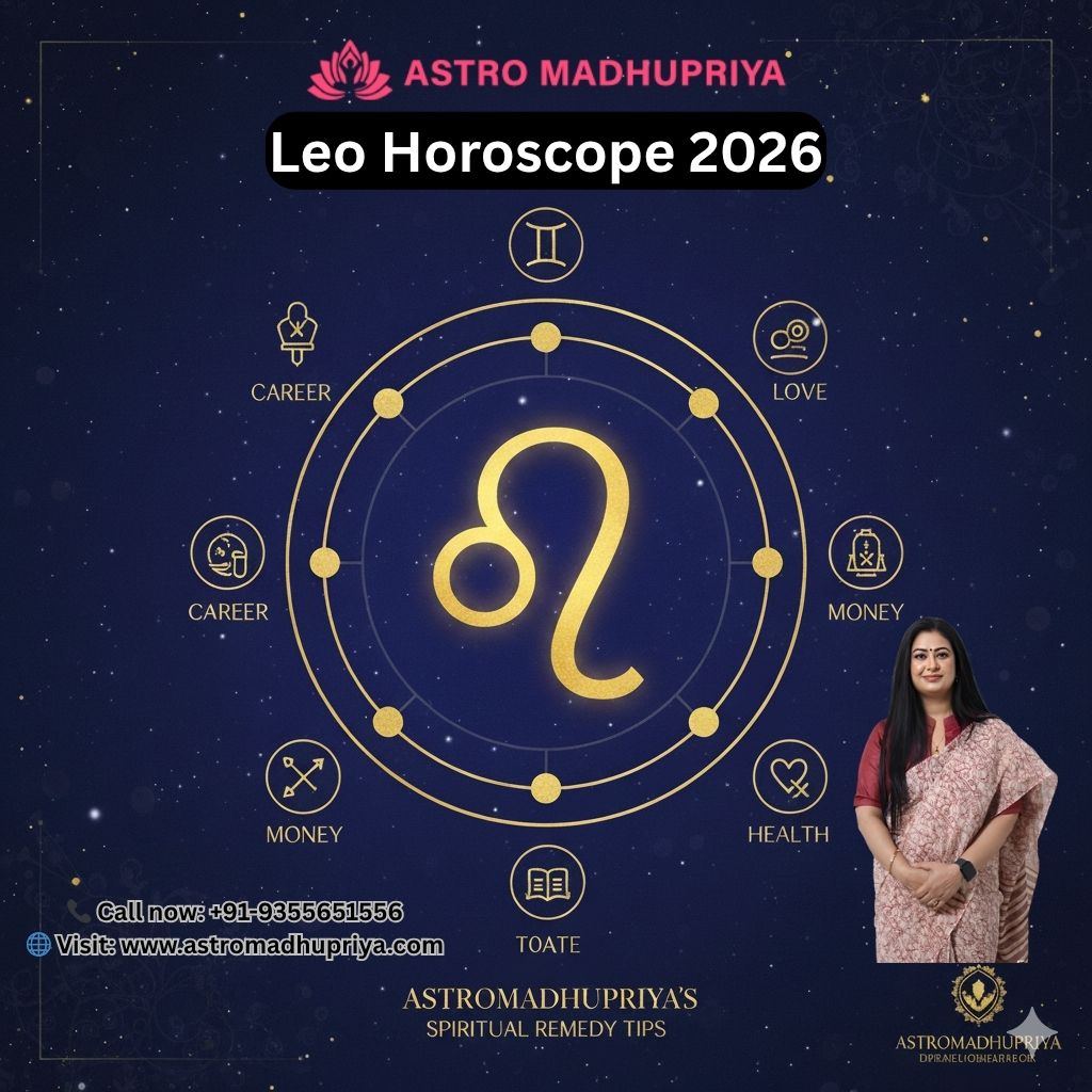 Infographic for Leo Horoscope 2026. Predictions for career, love, and money against a blue cosmic background. 
A mystical blue and gold astrological infographic titled 'Leo Horoscope 2026.' It provides an overview of yearly predictions with sections for Career, Love, Money, Health, and spiritual remedies.