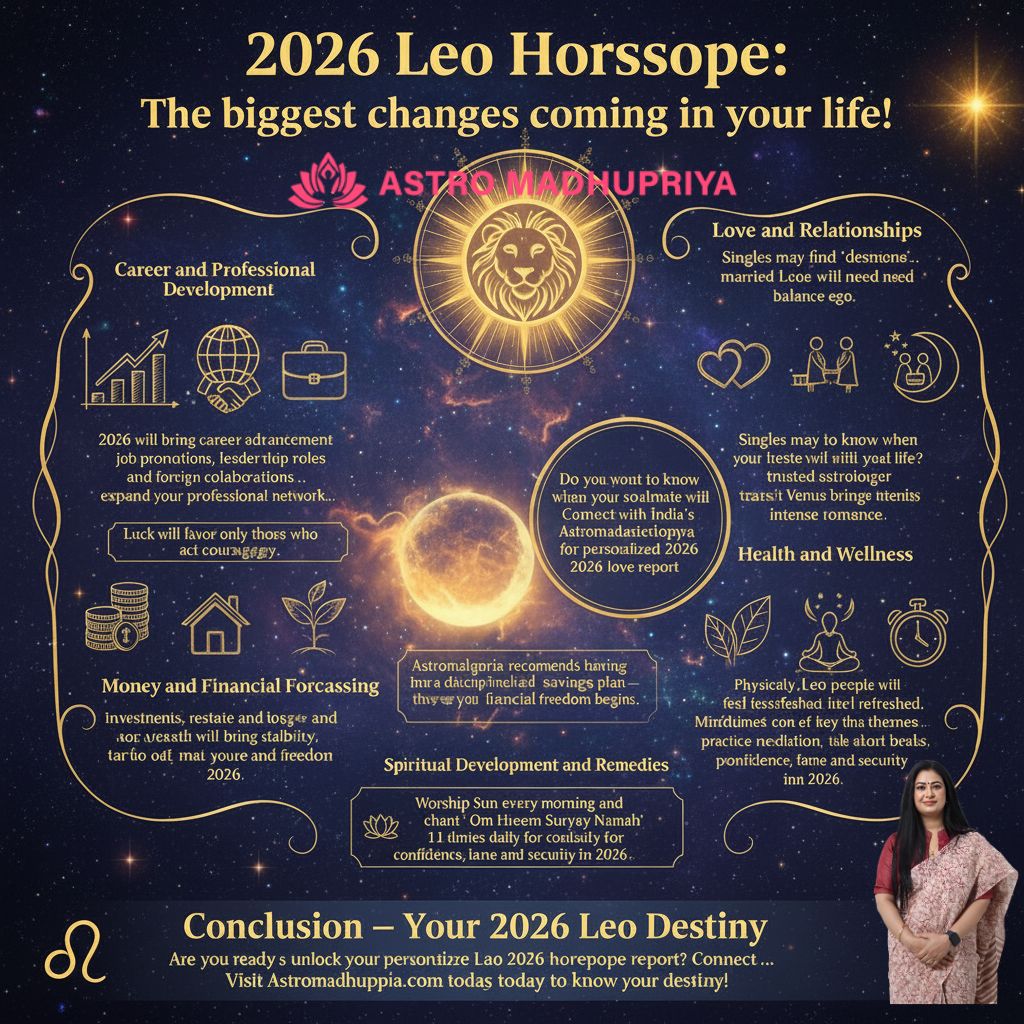  2026 Leo Horoscope at a Glance
2026 is a year of powerful personal growth, change, and breakthrough moments for Leo.
Career: Expect advancement, promotions, and leadership roles. Jupiter and Saturn's movement favors foreign collaborations and recognition for past efforts. Expand your network and act courageously.
Love: It will be an exciting and emotional year. Singles may find "destined connections," and the mid-year transit of Venus brings intense romance, healing, and restoration of commitment for couples.
Money: An economically progressive year focused on long-term wealth, investments, and real estate. Income sources strengthen from May, bringing unexpected profits, especially for those in creative or political fields. Discipline your savings plan.
Health: Energy levels increase, but be mindful of excess work stress leading to fatigue. Prioritize mindfulness, meditation, and self-care.
Spiritual Tip: Worship the Sun and chant "Om Hreem Suryay Namah" 11 times daily for confidence and security.