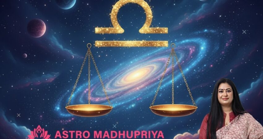 Libra Horoscope 2026 – Annual astrology forecast by Astromadhupriya covering Libra’s career growth, love life, financial success, and health predictions for the year 2026