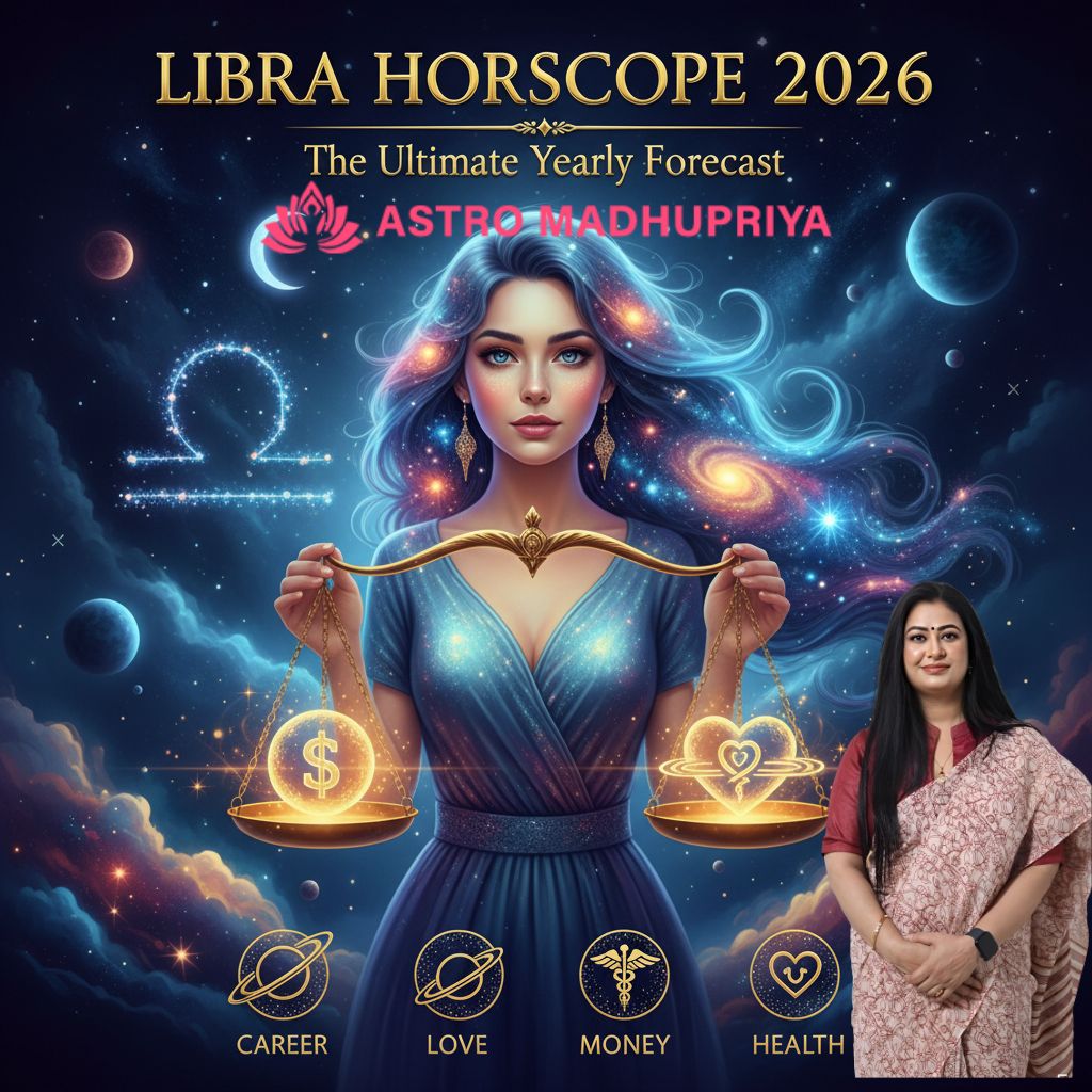 Libra Horoscope 2026 – Career, Love, Money, and Health Predictions | Annual astrological forecast by Astromadhupriya highlighting planetary transits, success, relationships, and financial growth for Libra zodiac natives.