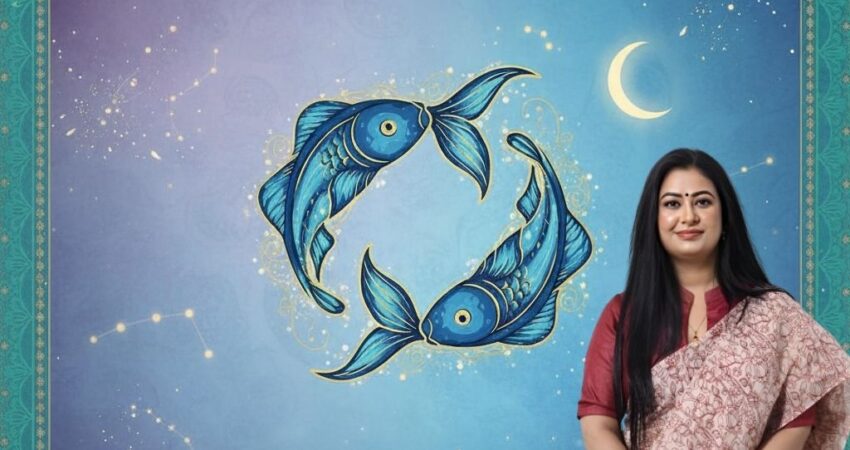 Astrologer Astro Madhupriya's official graphic for Meen Rashifal 2026 (Pisces Horoscope). The image features the astrologer alongside the two interconnected blue Pisces fish symbol (Minamatsya) against a celestial background with a crescent moon. Contact details are included.