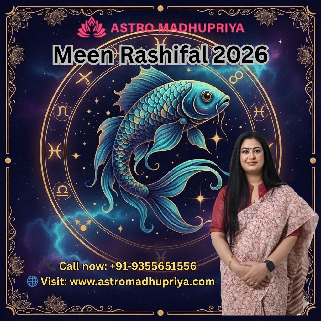 Astrologer Astro Madhupriya's 2026 Pisces Horoscope (Meen Rashifal 2026) graphic, featuring a large, ornate blue fish (Pisces symbol) against a dark astrological chart background, with the contact phone number and website URL visible. Meen Rashifal 2026 (Pisces Horoscope) by Astro Madhupriya, showing the astrologer and the blue Pisces fish symbol. Astro Madhupriya offering Meen Rashifal 2026 (Pisces Horoscope) with her photo, contact details, and a blue Pisces fish graphic.
