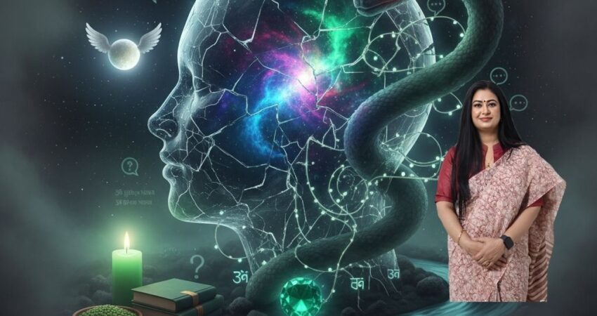 Planetary Anxiety". The graphic shows a cracked, translucent human head with a galaxy inside, symbolizing a disturbed mind. A large, dark green snake (Rahu) coils around the head, and a glowing green candle, books, and green gram (remedies for Mercury) are at the base. The text includes contact information and the tagline: "Planetary anxiety is real – not just mental!"