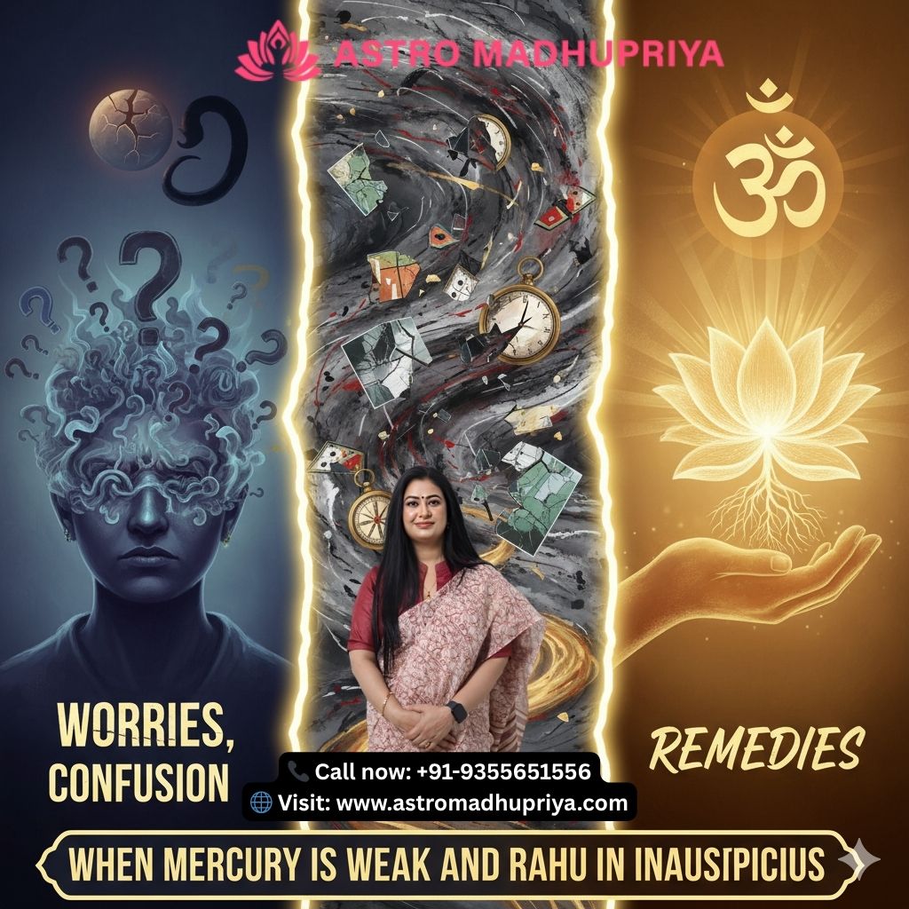 "Planetary Anxiety" featuring a translucent human head with a galaxy inside, cracked and surrounded by a dark cosmic fog. A shadowy green snake (Rahu) with red eyes coils around the head, connected by glowing, illusory lines. A bright green candle and a stack of books/green gram (Mercury) sit below, with Mercury's mantra, "Om Budhaya Namah," faintly visible. On the other side, a floating crescent moon with wings represents the confused mind, and Rahu's mantra, "Om Ra Rahve Namah," is present. The image conveys the imbalance between the rational mind (Mercury) and illusion (Rahu), emphasizing the need for spiritual and planetary remedies.