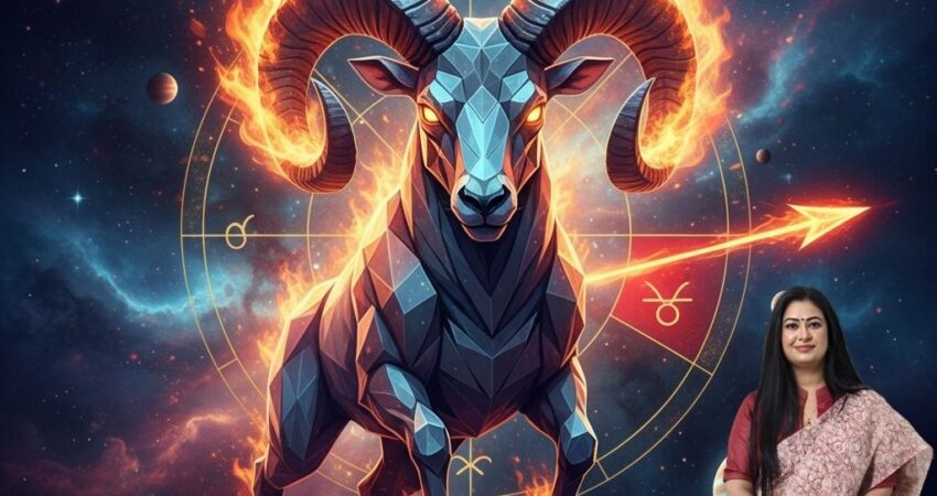 A powerful, geometric Aries ram with fiery horns charges forward in a starry galaxy. Astrological wheels and planets like Jupiter and Saturn are visible, symbolizing the 2026 horoscope.