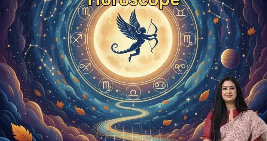 November 2025 Monthly Horoscope by Astromadhupriya featuring zodiac wheel, cosmic background, and astrologer Dr. Madhupriya with contact details and website link www.astromadhupriya.com for personalized astrology readings